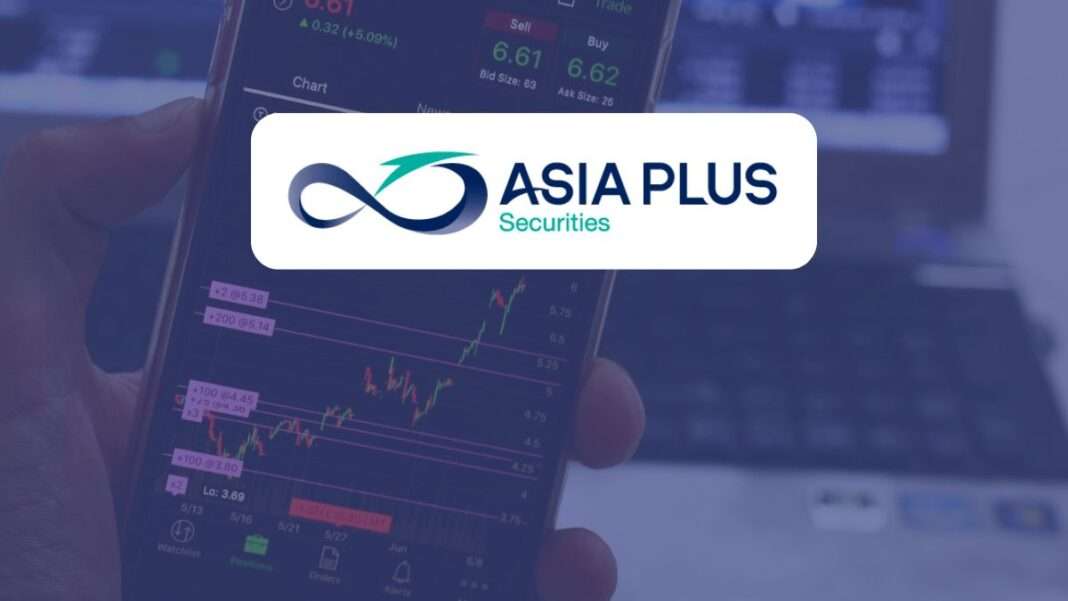 asia-plus-securities-asps-global-stock-market-analysis-2026 โลโก้บริษัทหลักทรัพย์ เอเซีย พลัส (Asia Plus Securities) ซ้อนทับบนพื้นหลังหน้าจอแอปพลิเคชันเทรดหุ้นบนโทรศัพท์มือถือและหน้าจอคอมพิวเตอร์