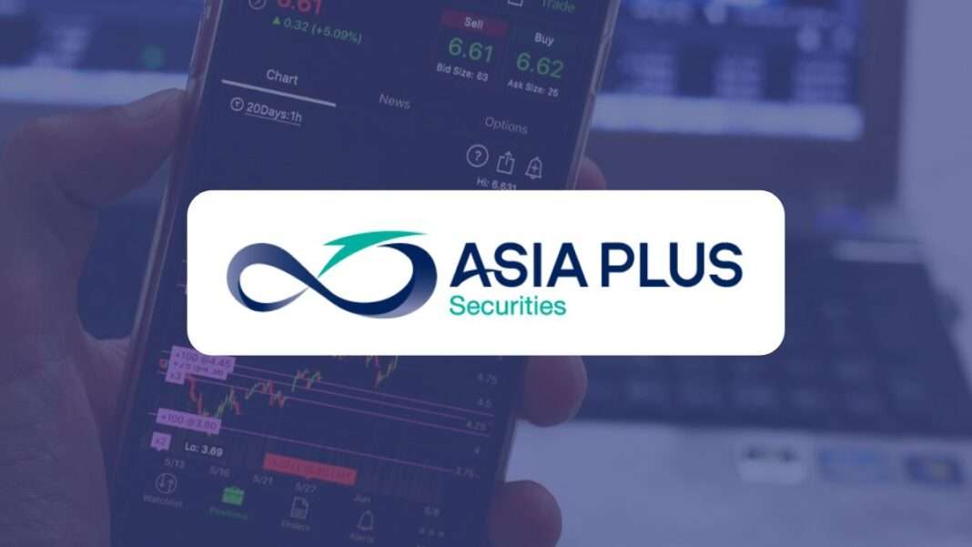 asia-plus-securities-asps-global-stock-market-analysis-2026 โลโก้บริษัทหลักทรัพย์ เอเซีย พลัส (Asia Plus Securities) ซ้อนทับบนพื้นหลังหน้าจอแอปพลิเคชันเทรดหุ้นบนโทรศัพท์มือถือและหน้าจอคอมพิวเตอร์