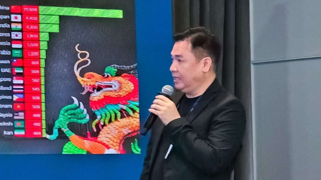indigy-ceo-presentation-global-economy-gdp-pros-club ผู้บริหาร INDIGY กำลังยืนบรรยายประกอบสไลด์ข้อมูลเศรษฐกิจ Asia's 15 Largest Economies 2025 และโครงสร้าง GDP เพื่อชี้ให้เห็นถึงความเปลี่ยนแปลงของเศรษฐกิจโลก