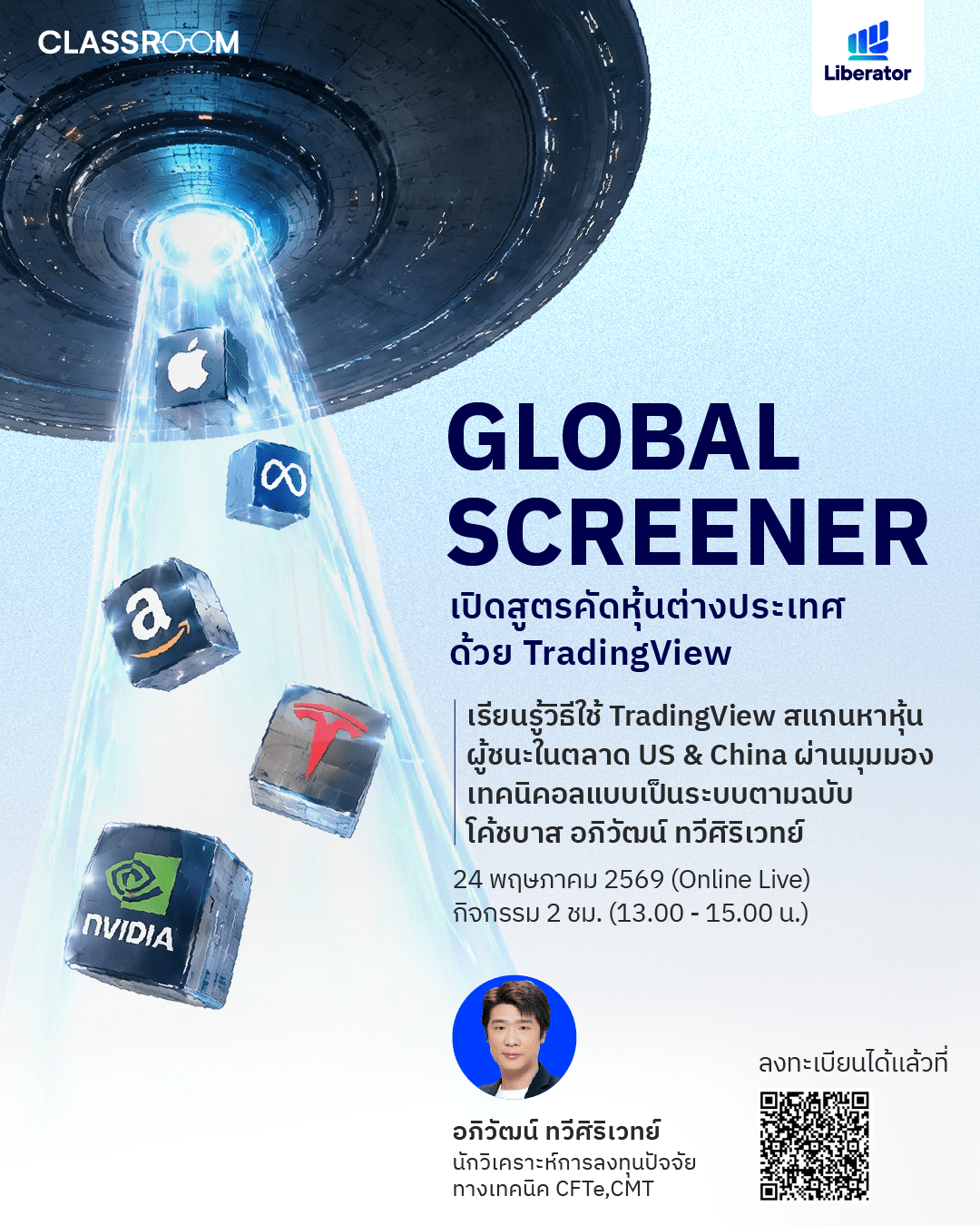 โปสเตอร์กิจกรรมออนไลน์เวิร์กชอป Global Technical Screener เปิดสูตรคัดหุ้นต่างประเทศด้วย TradingView โดย บล. ลิเบอเรเตอร์ และโค้ชบาส อภิวัฒน์ ทวีศิริเวทย์