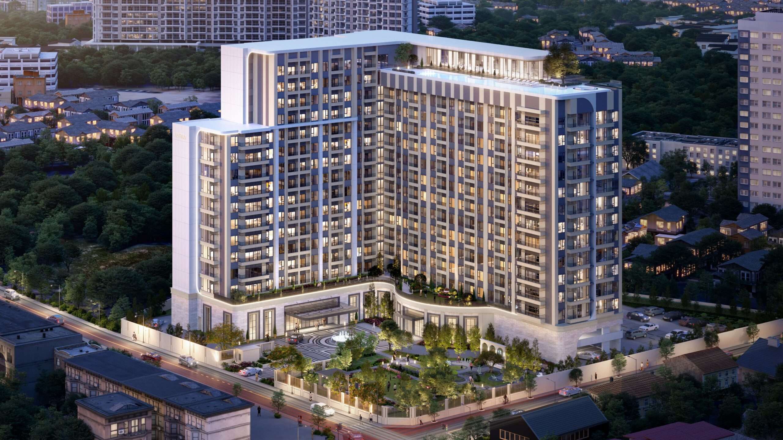 ภาพทัศนียภาพจำลองภายนอกอาคารสูง 16 ชั้น โครงการ THE ASTRA INFINITE สถาปัตยกรรมสไตล์ Classic Colonial