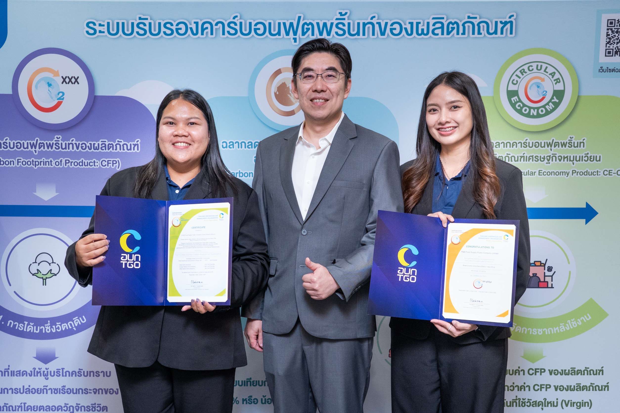 ทีมผู้บริหารและตัวแทนพนักงาน RBF ร่วมถ่ายภาพแห่งความสำเร็จในการคว้า 3 ใบประกาศคาร์บอนฟุตพริ้นท์