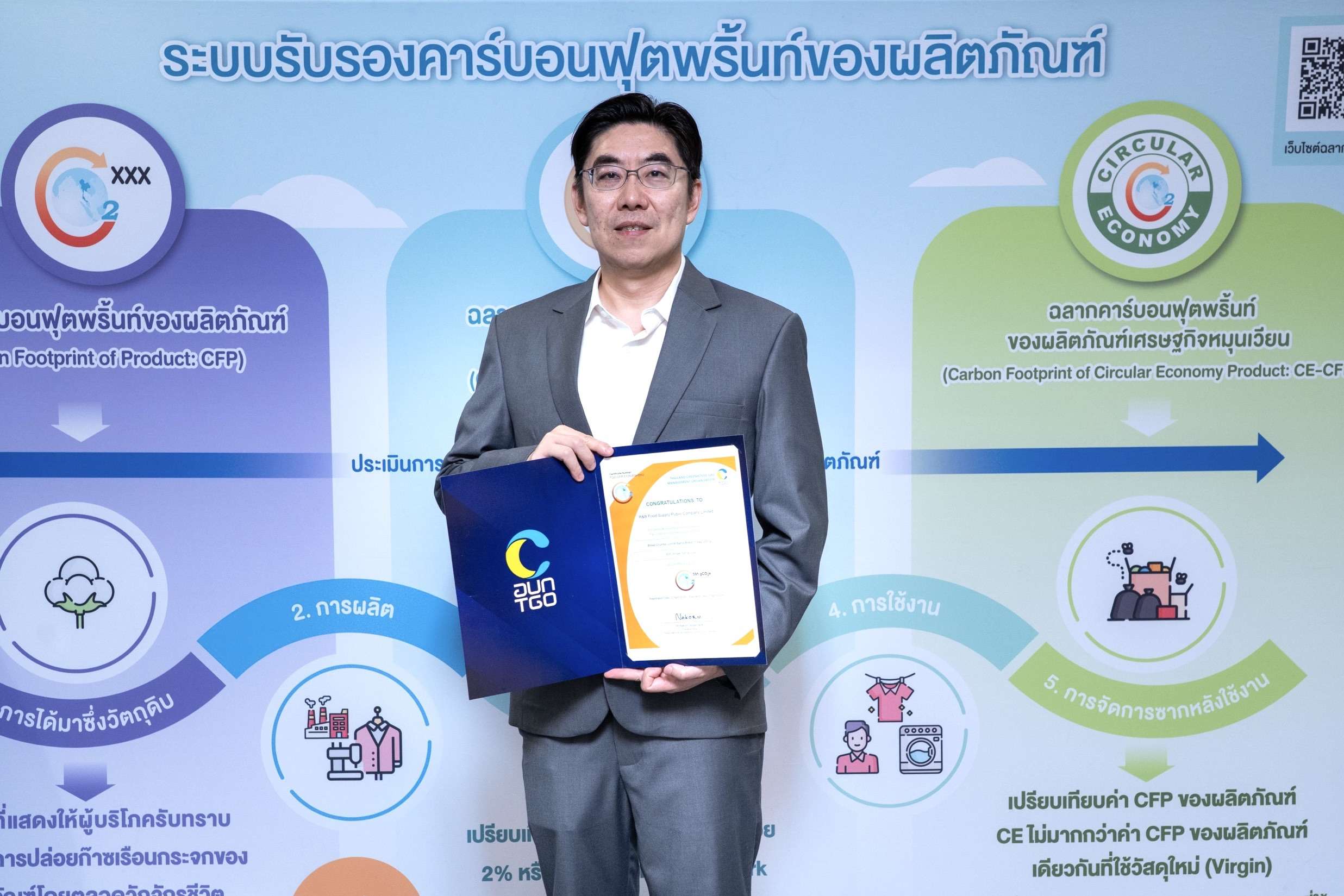 นายสุรนาถ กิตติรัตนเดช ประธานเจ้าหน้าที่ฝ่ายบัญชีและการเงิน บมจ. อาร์ แอนด์ บี ฟู้ด ซัพพลาย โชว์ใบประกาศนียบัตรคาร์บอนฟุตพริ้นท์