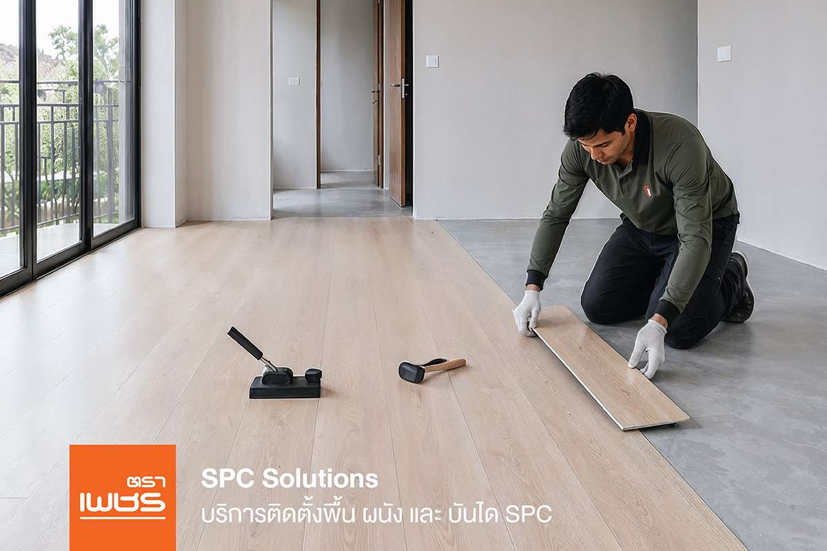 ช่างผู้เชี่ยวชาญจากตราเพชรติดตั้งพื้น SPC คุณภาพสูง ในบริการ Interior 360°