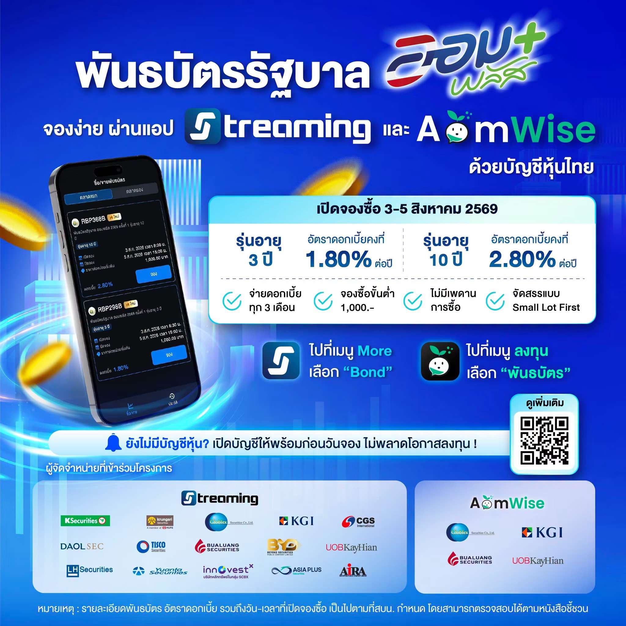 อินโฟกราฟิกสรุปรายละเอียดการจองซื้อพันธบัตรรัฐบาลออมพลัส รุ่นอายุ 3 ปี ดอกเบี้ย 1.80% และรุ่นอายุ 10 ปี ดอกเบี้ย 2.80% ผ่านแอป Streaming