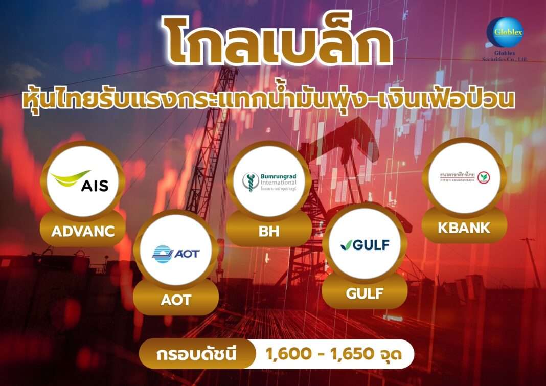 อินโฟกราฟิก บล.โกลเบล็ก แนะนำ 5 หุ้นเด่นพื้นฐานแกร่ง ADVANC, AOT, BH, GULF, KBANK กรอบดัชนี 1,600-1,650 จุด