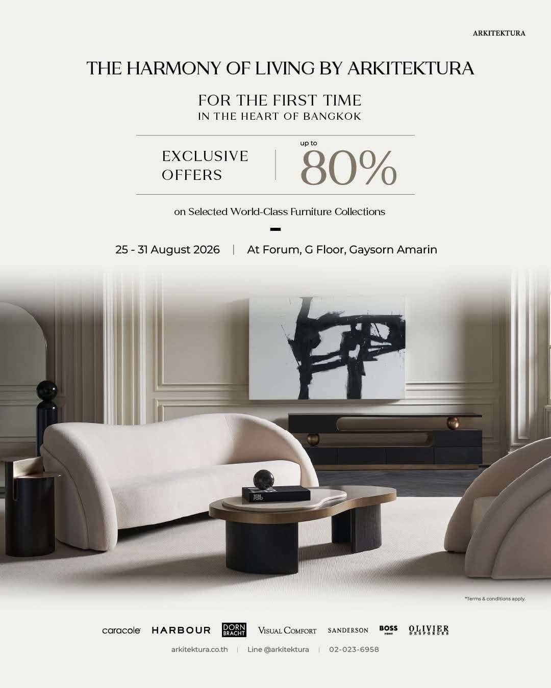 โปสเตอร์โปรโมทงาน The Harmony of Living by Arkitektura นำเสนอโซฟาและโต๊ะกลางดีไซน์โมเดิร์น โชว์ไฮไลต์ส่วนลดสูงสุด 80 เปอร์เซ็นต์ ณ ศูนย์การค้าเกษร อมรินทร์