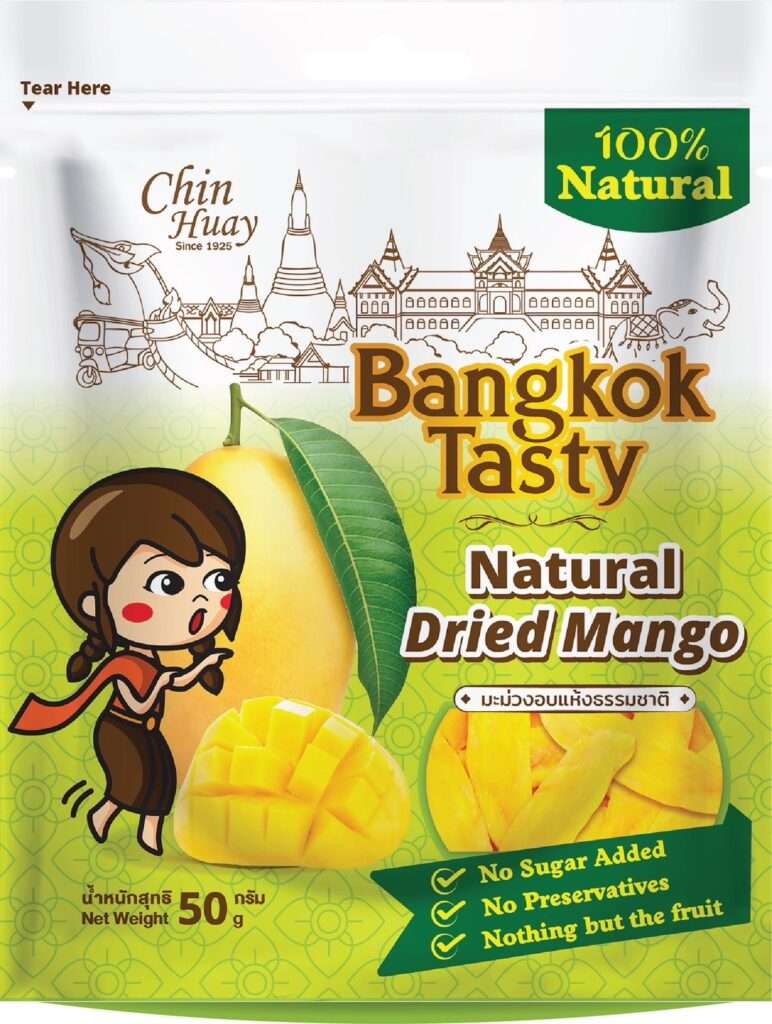 ภาพบรรจุภัณฑ์ผลิตภัณฑ์มะม่วงอบแห้งธรรมชาติ แบรนด์ Bangkok Tasty ระบุจุดเด่นไม่เติมน้ำตาล ไม่มีสารกันบูด และเป็นผลไม้แท้ร้อยเปอร์เซ็นต์