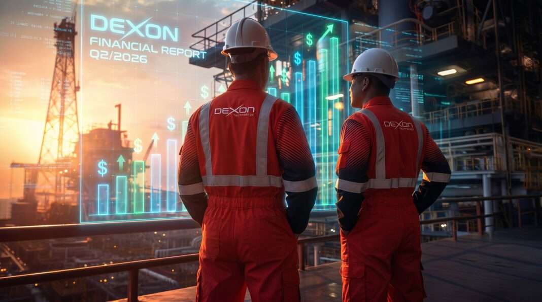 DEXON-Financial-Report-Q2-2026-Engineering-Growth ภาพกราฟิกวิศวกรสองคนสวมชุดปฏิบัติงานสีส้มพิมพ์โลโก้ DEXON กำลังยืนดูหน้าจอโฮโลแกรมแสดงผลประกอบการ DEXON FINANCIAL REPORT Q2/2026 ที่มีกราฟแท่งสีเขียวพุ่งสูงขึ้น ท่ามกลางฉากหลังโครงสร้างพื้นฐานอุตสาหกรรม