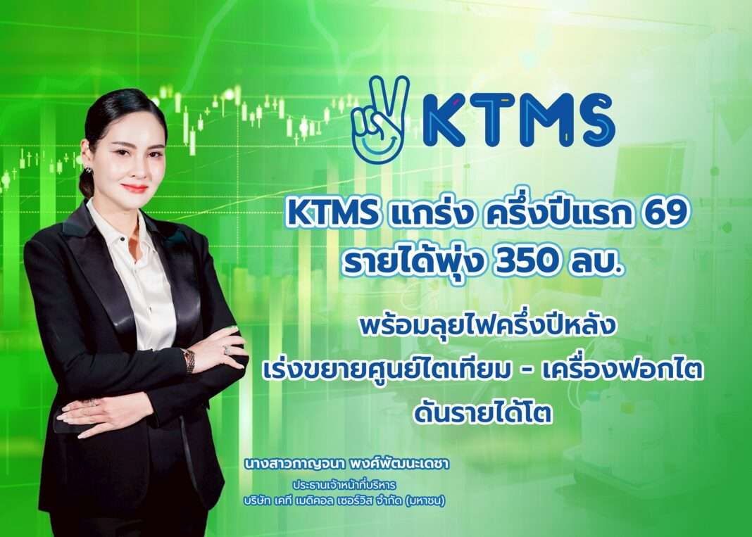 Kanjana-Pongpattanadecha-CEO-KTMS-H1-2026-Earnings ภาพนางสาวกาญจนา พงศ์พัฒนะเดชา ประธานเจ้าหน้าที่บริหาร บริษัท เคที เมดิคอล เซอร์วิส จำกัด (มหาชน) หรือ KTMS สวมสูทสีดำ ยืนกอดอก ด้วยรอยยิ้มมั่นใจ พร้อมกราฟิกรายงานรายได้ครึ่งปีแรก 2569 ที่พุ่งแตะ 350 ล้านบาท