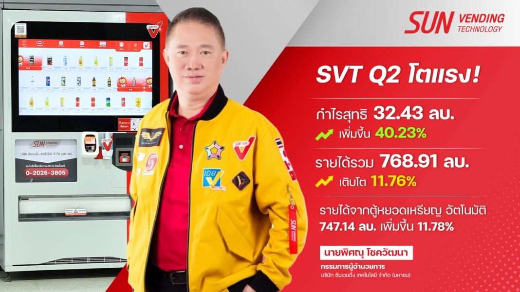 Pisanu-Chokwatana-CEO-SVT-SUN-Vending-Q2-2026-Earnings นายพิศณุ โชควัฒนา กรรมการผู้อำนวยการ บริษัท ซันเวนดิ้ง เทคโนโลยี จำกัด (มหาชน) หรือ SVT ยืนถ่ายภาพร่วมกับตู้จำหน่ายสินค้าอัตโนมัติ SUN Vending พร้อมกราฟิกรายงานผลประกอบการไตรมาส 2 ปี 2569