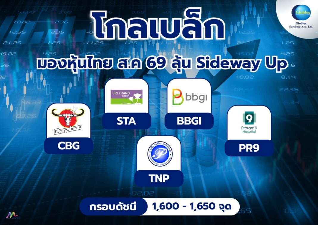 globlex-stock-market-outlook-august-2026 อินโฟกราฟิก บล.โกลเบล็ก มองหุ้นไทย ส.ค. 69 ลุ้น Sideway Up กรอบดัชนี 1,600 - 1,650 จุด ชู 5 หุ้นเด่น CBG-STA-BBGI-PR9-TNP