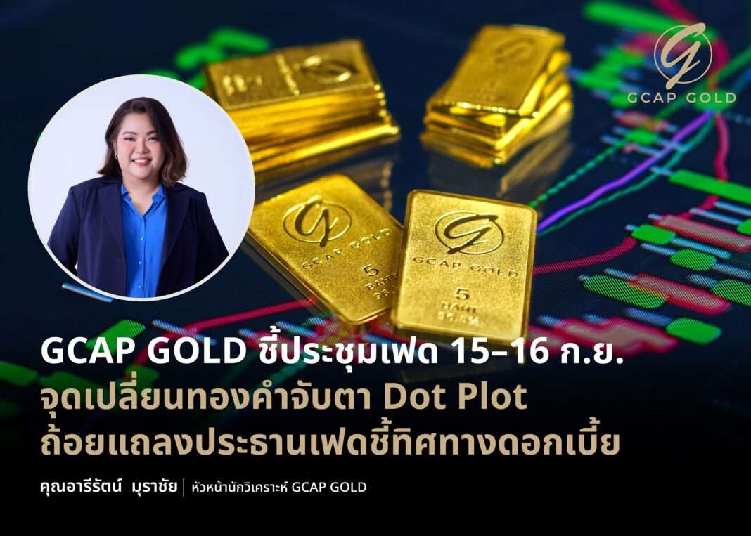 Areerat-Murachai-Head-Analyst-GCAP-GOLD-Fed-Meeting-Outlook ภาพนางสาวอารีรัตน์ มุราชัย หัวหน้านักวิเคราะห์ บริษัท จีแคป จำกัด หรือ GCAP GOLD โดดเด่นพร้อมกับภาพกราฟิกทองคำแท่งและกราฟหุ้น ชูประเด็นการประชุมเฟดและทิศทางราคาทองคำ