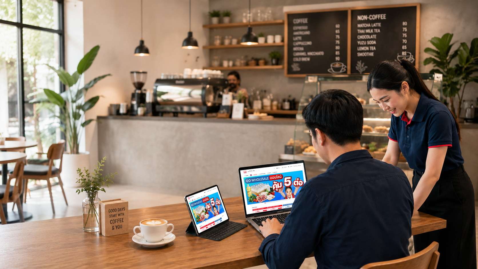ภาพผู้ประกอบการร้านกาแฟกำลังใช้งานระบบ Web Ordering ของ โก โฮลเซลล์ ผ่านหน้าจอแล็ปท็อปและแท็บเล็ต โดยมีพนักงานหญิงคอยให้คำแนะนำ
