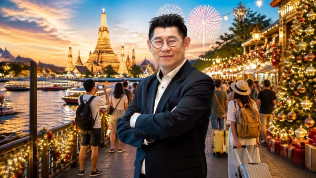 Ekkapong-Chokchaivitas-MD-MOTHER-High-Season-Tourism ภาพนายเอกพงศ์ โชคชัยวิทัศน์ กรรมการผู้จัดการ บริษัท มาเธอร์ มาร์เก็ตติ้ง จำกัด (มหาชน) หรือ MOTHER สวมชุดสูท ยืนกอดอกด้วยความมั่นใจ โดยมีฉากหลังเป็นบรรยากาศนักท่องเที่ยวริมแม่น้ำในช่วงเทศกาลปลายปี