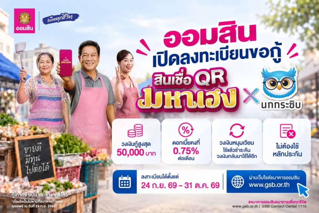 ภาพโปสเตอร์ประชาสัมพันธ์จากธนาคารออมสิน ประกาศเปิดลงทะเบียนขอกู้ สินเชื่อ QR มหาเฮง X นกกระซิบ ชูจุดเด่นวงเงินกู้สูงสุด 50,000 บาท ดอกเบี้ยคงที่ 0.75 เปอร์เซ็นต์ต่อเดือน เป็นวงเงินหมุนเวียน และไม่ต้องใช้หลักประกัน โดยสามารถลงทะเบียนผ่านเว็บไซต์ธนาคารออมสิน