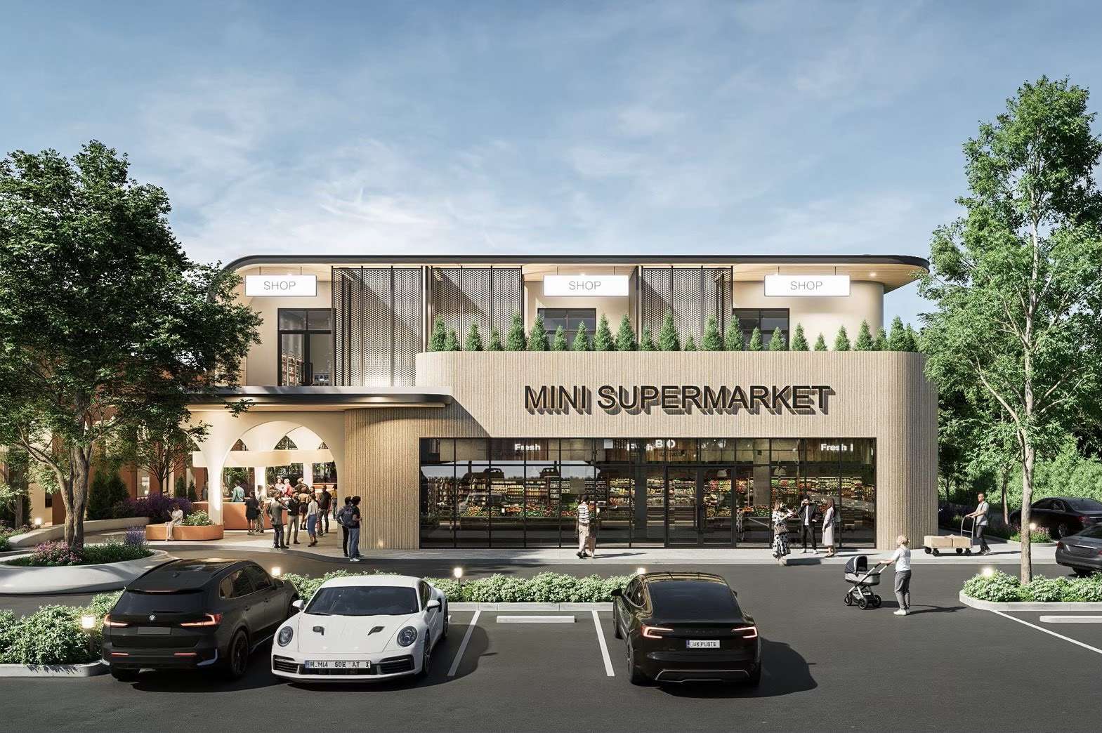 ภาพทัศนียภาพจำลองบริเวณหน้าอาคาร Mini Supermarket ภายในโครงการ The Backyard Phuket แสดงให้เห็นถึงการออกแบบที่ตอบโจทย์การใช้งาน พร้อมพื้นที่จอดรถกว้างขวางและพื้นที่พักผ่อนหย่อนใจ