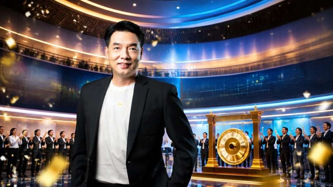 Prapan-Charoenprawatt-Manager-LiVEx-HAPPY26-Listing-Ceremony ภาพนายประพันธ์ เจริญประวัติ ผู้จัดการ ตลาดหลักทรัพย์ไลฟ์เอ็กซ์เช้นจ์ (LiVEx) สวมเสื้อสูทสีดำทับเสื้อยืดสีขาว ยืนโพสท่าด้วยความมั่นใจในพิธีเปิดการซื้อขายหลักทรัพย์วันแรกของ บมจ. มีสุข โซลูชั่นส์ (HAPPY26) ท่ามกลางคณะผู้บริหารที่ร่วมแสดงความยินดีและเฉลิมฉลอง