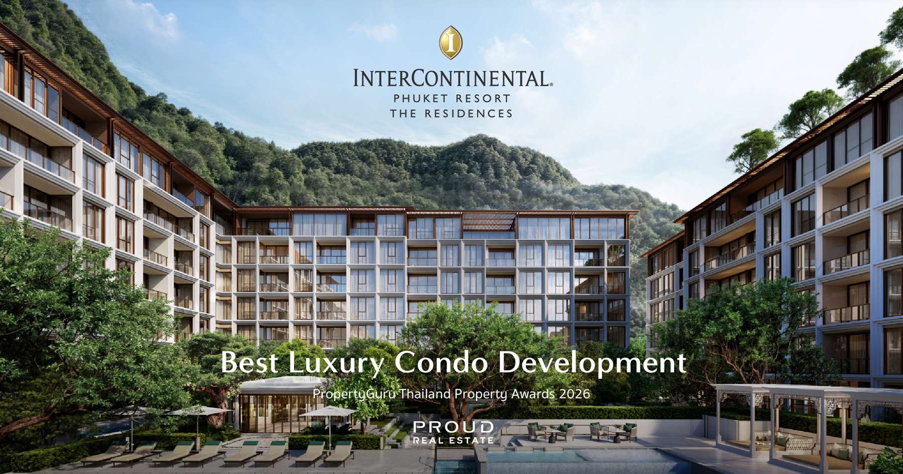 ภาพทัศนียภาพจำลองโครงการ The Residences at InterContinental Phuket Resort โดดเด่นด้วยสถาปัตยกรรมหรูหราพร้อมสระว่ายน้ำส่วนกลางขนาดใหญ่ ซึ่งได้รับรางวัล Best Luxury Condo Development