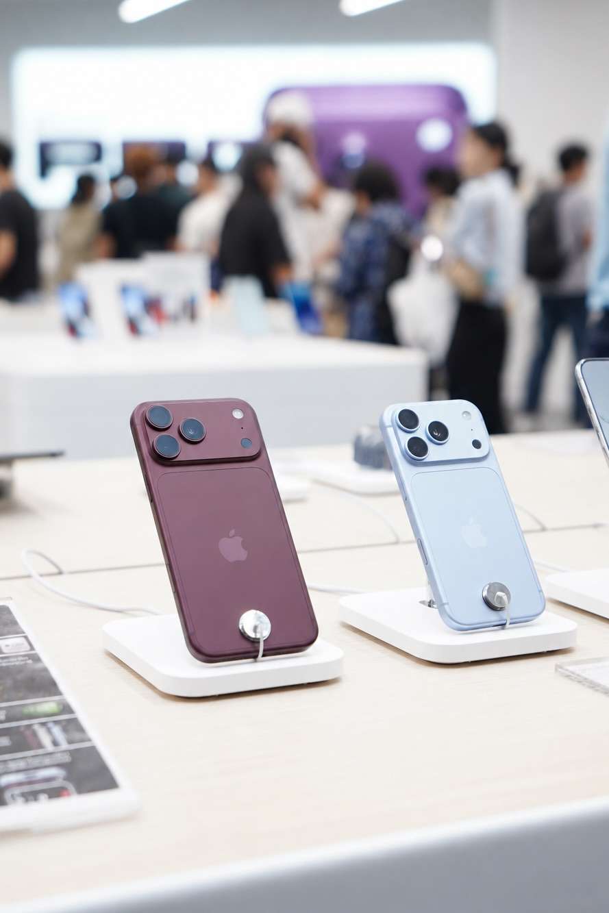 ภาพโคลสอัพตัวเครื่อง iPhone 18 Pro และ iPhone 18 Pro Max สีใหม่ Burgundy และ Glacier จัดแสดงบนแท่นโชว์สินค้าภายในร้าน สะท้อนดีไซน์และเทคโนโลยีระดับพรีเมียม