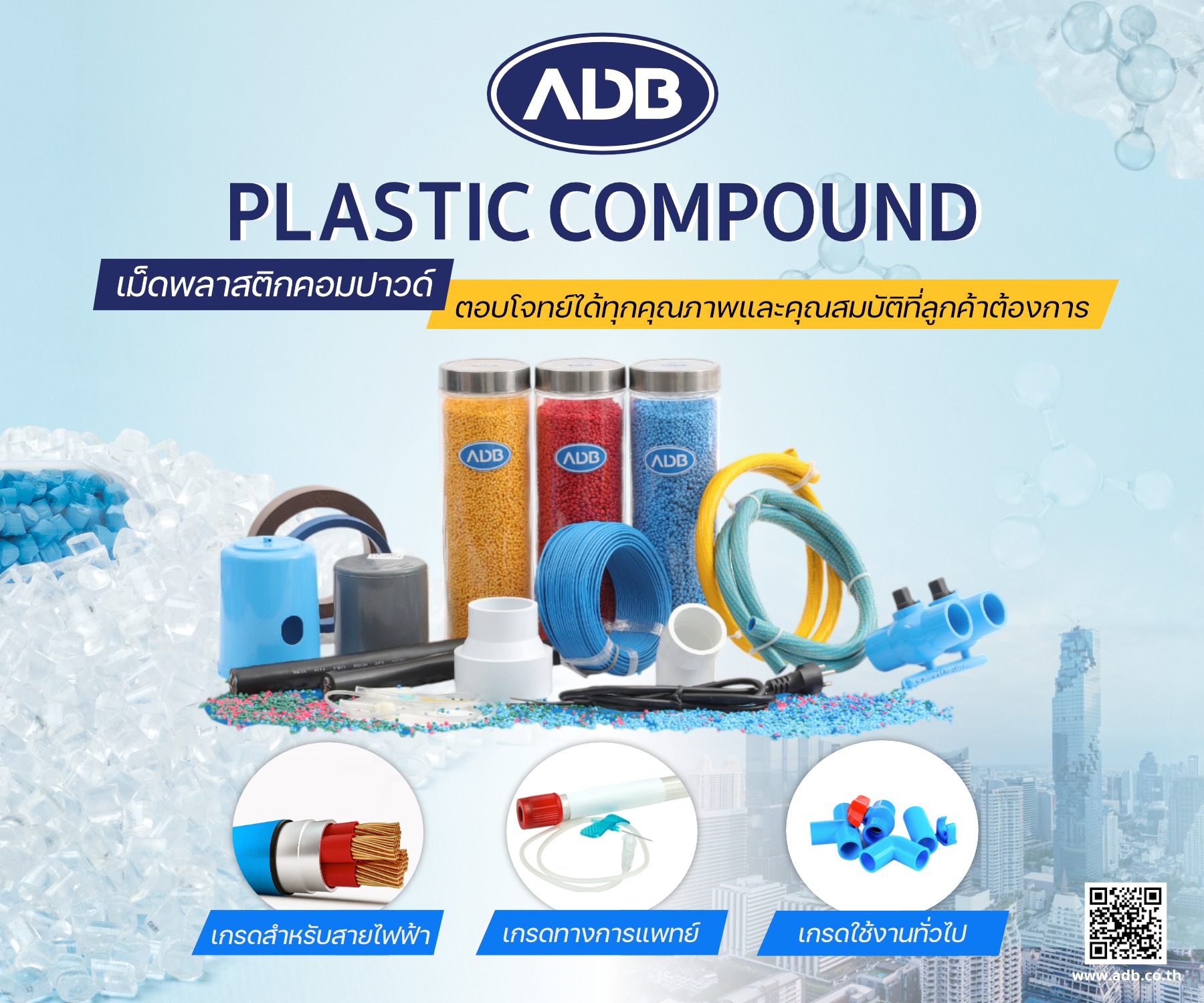โปสเตอร์นำเสนอผลิตภัณฑ์เม็ดพลาสติกคอมปาวด์ (Plastic Compound) จากแบรนด์ ADB ประกอบด้วยภาพเม็ดพลาสติกสีสันต่างๆ สายไฟ ท่อพีวีซี และอุปกรณ์การแพทย์ พร้อมข้อความ "ตอบโจทย์ได้ทุกคุณภาพและคุณสมบัติที่ลูกค้าต้องการ"