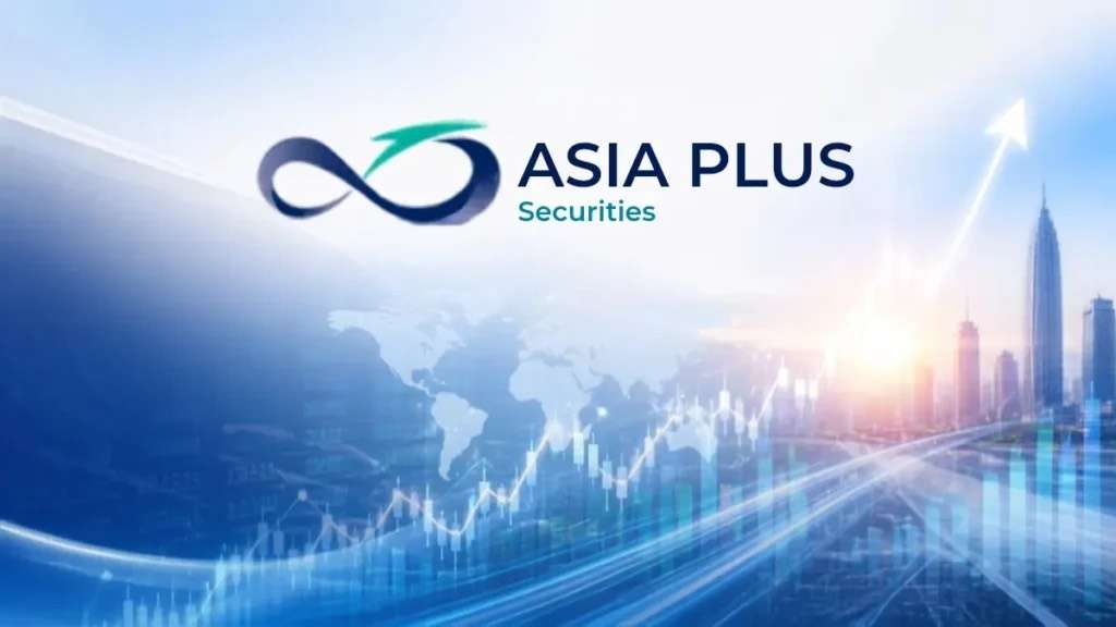 โลโก้ บล.เอเซีย พลัส (Asia Plus Securities) โดดเด่นอยู่ตรงกลาง บนพื้นหลังกราฟิกแสดงถึงตลาดหุ้นและการเติบโตทางการเงินทั่วโลก