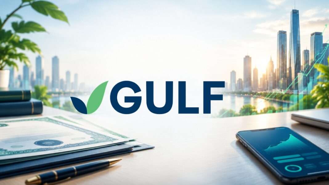 GULF-Corporate-Bond-Digital-Bond-Investment-Opportunity โลโก้ทางการของ บริษัท กัลฟ์ เอ็นเนอร์จี ดีเวลลอปเมนท์ จำกัด (มหาชน) หรือ GULF บนโต๊ะทำงานที่มีเอกสารตราสารหนี้และสมาร์ตโฟนแสดงผลกราฟการเงิน ท่ามกลางฉากหลังทิวทัศน์ตึกระฟ้าของเมืองใหญ่