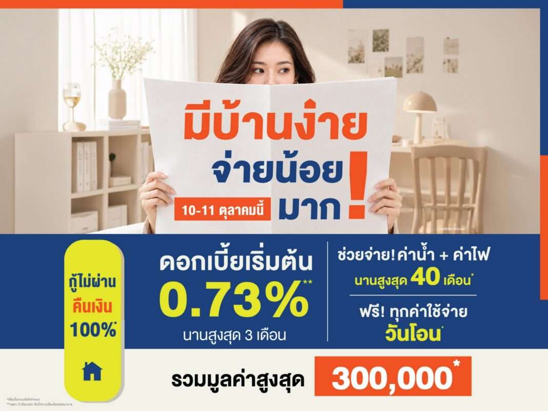 Lalin-Property-Easy-Home-Campaign-Promotion ป้ายโฆษณาแคมเปญ “มีบ้านง่าย จ่ายน้อยมาก” จาก ลลิล พร็อพเพอร์ตี้ นำเสนอโปรโมชันดอกเบี้ยเริ่มต้น 0.73 เปอร์เซ็นต์ นานสูงสุด 3 เดือน พร้อมช่วยจ่ายค่าน้ำและค่าไฟนานสูงสุด 40 เดือน ฟรีทุกค่าใช้จ่ายวันโอน และกู้ไม่ผ่านคืนเงิน 100 เปอร์เซ็นต์ รวมมูลค่าสูงสุด 300,000 บาท โดยมีหญิงสาวยิ้มถือป้ายโปรโมชัน