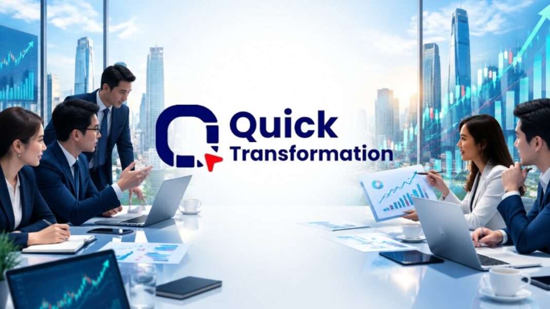 QUICK-Transformation-IPO-mai-Trading โลโก้บริษัท Quick Transformation โดดเด่นอยู่กึ่งกลางภาพ ท่ามกลางบรรยากาศการประชุมของทีมนักธุรกิจและนักวิเคราะห์การเงินที่กำลังปรึกษาหารือ แวดล้อมด้วยกราฟิกแสดงการเติบโตทางเศรษฐกิจและทิวทัศน์เมืองที่ทันสมัย