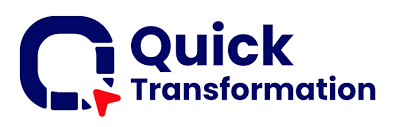 โลโก้ทางการของ บริษัท ควิก ทรานส์ฟอร์เมชั่น จำกัด (มหาชน) หรือ QUICK ตัวอักษรสีน้ำเงินเข้มและมีสัญลักษณ์ลูกศรสีแดงสะท้อนถึงการเติบโตและการเปลี่ยนผ่านสู่ยุคดิจิทัล