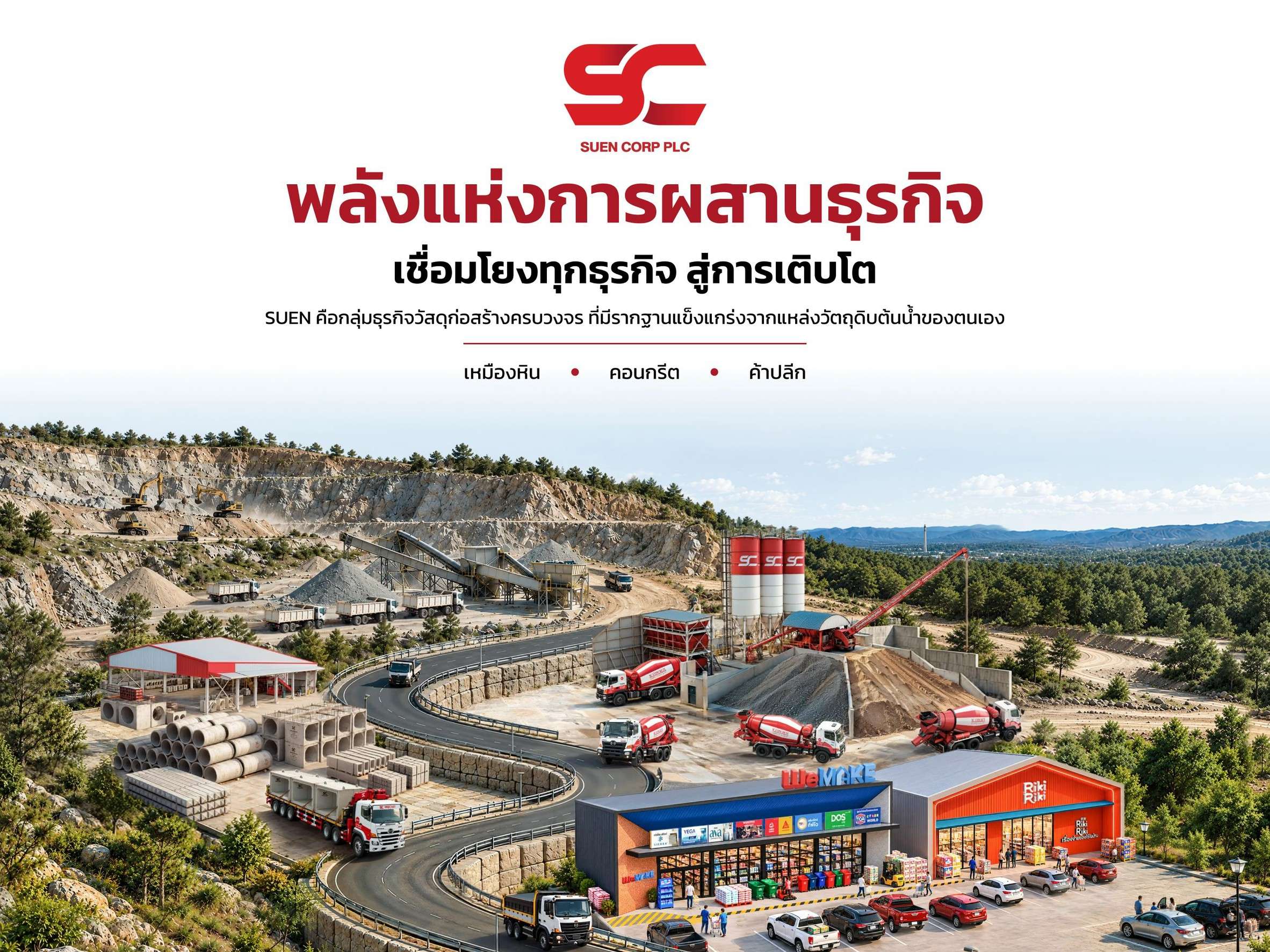 ภาพอินโฟกราฟิกจำลองอาณาจักรธุรกิจของ SUEN Corp แสดงให้เห็นความเชื่อมโยงตั้งแต่เหมืองหินแกรนิต โรงงานผลิตคอนกรีต รถโม่ปูน ไปจนถึงร้านค้าปลีก We MAKE และ Riki Riki ภายใต้สโลแกน พลังแห่งการผสานธุรกิจ