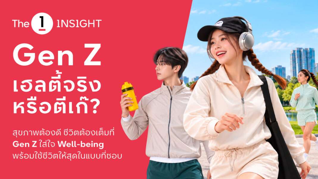 ภาพแบนเนอร์โฆษณาจาก The 1 Insight นำเสนอหัวข้อ Gen Z เฮลตี้จริงหรือตีเก๊ พร้อมข้อความระบุว่าสุขภาพต้องดีชีวิตต้องเต็มที่ Gen Z ใส่ใจ Well-being โดยมีชายหญิงวัยรุ่นสวมชุดออกกำลังกายถือกระบอกน้ำและสะพายกระเป๋าเดินอยู่ในสวนสาธารณะอย่างสดใส