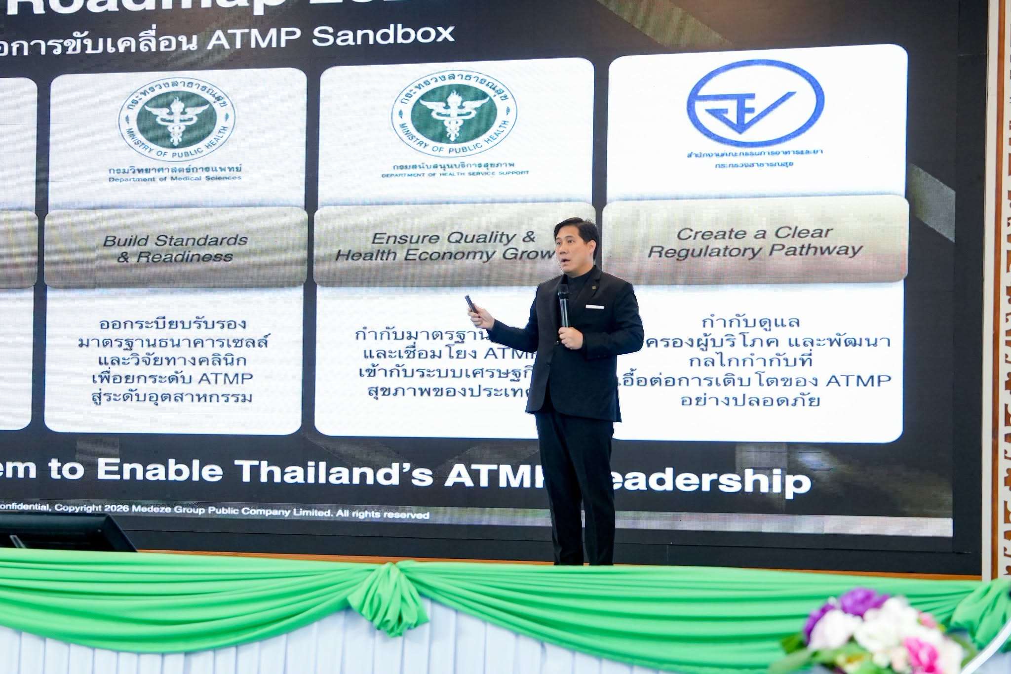 นายแพทย์วีรพล เขมะรังสรรค์ ประธานเจ้าหน้าที่บริหาร บริษัท เมดีซ กรุ๊ป จำกัด (มหาชน) สวมสูทสีดำ ยืนถือไมโครโฟนบรรยายวิสัยทัศน์บนเวที โดยมีฉากหลังเป็นหน้าจอโปรเจคเตอร์แสดงสไลด์นำเสนอแผนงาน ATMP Sandbox Roadmap