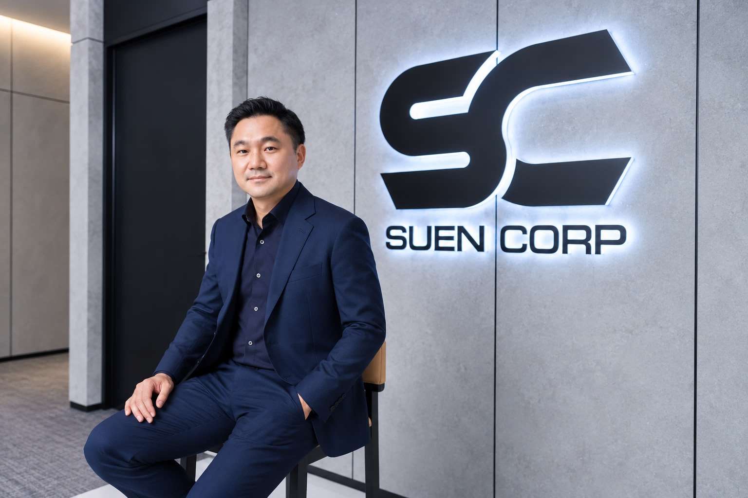 ภาพนายวิเศษศักดิ์ ระเบียบพนา ประธานเจ้าหน้าที่บริหาร บริษัท ซุน คอร์ป จำกัด (มหาชน) นั่งบนเก้าอี้ทรงสูงด้วยท่าทางสบายๆ แต่แฝงความมั่นใจ โดยมีฉากหลังเป็นผนังตกแต่งสไตล์โมเดิร์นพร้อมโลโก้ SC SUEN CORP